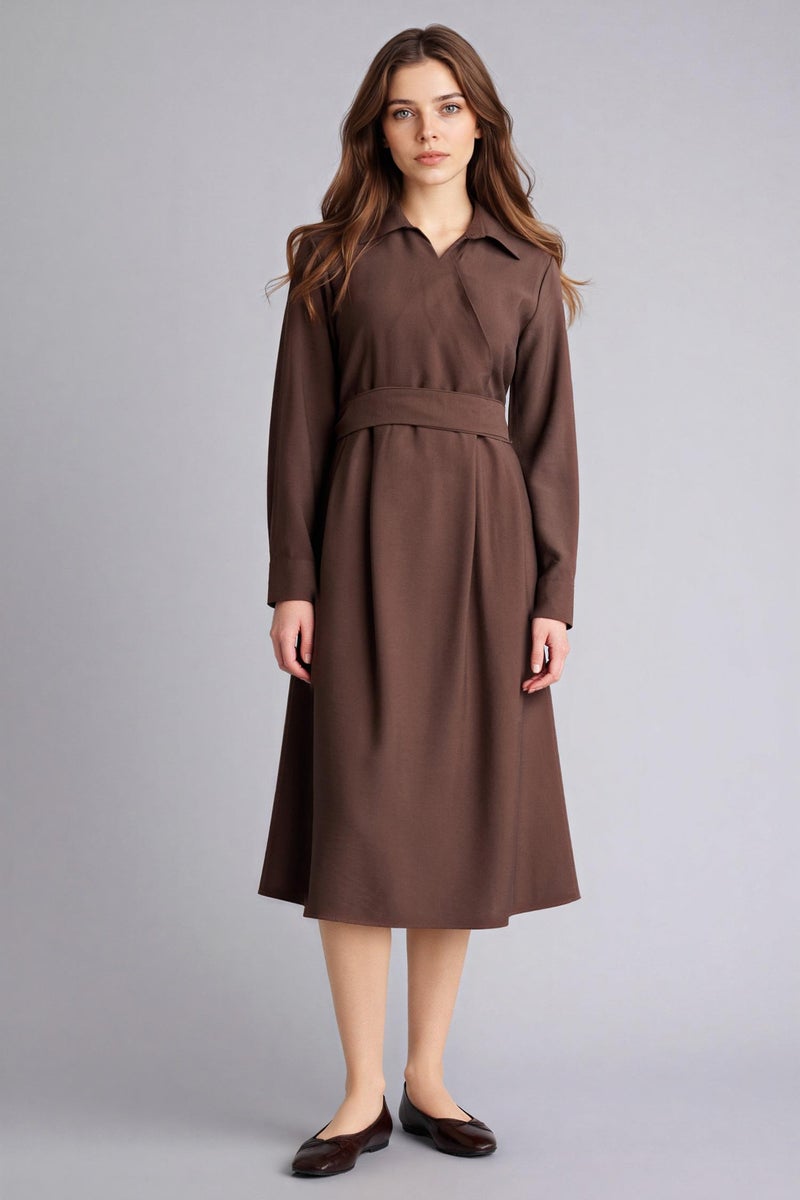 DeFacto Brown Woman Relax Fit Shirt Collar Long Sleeves Dress Casual - Image 4